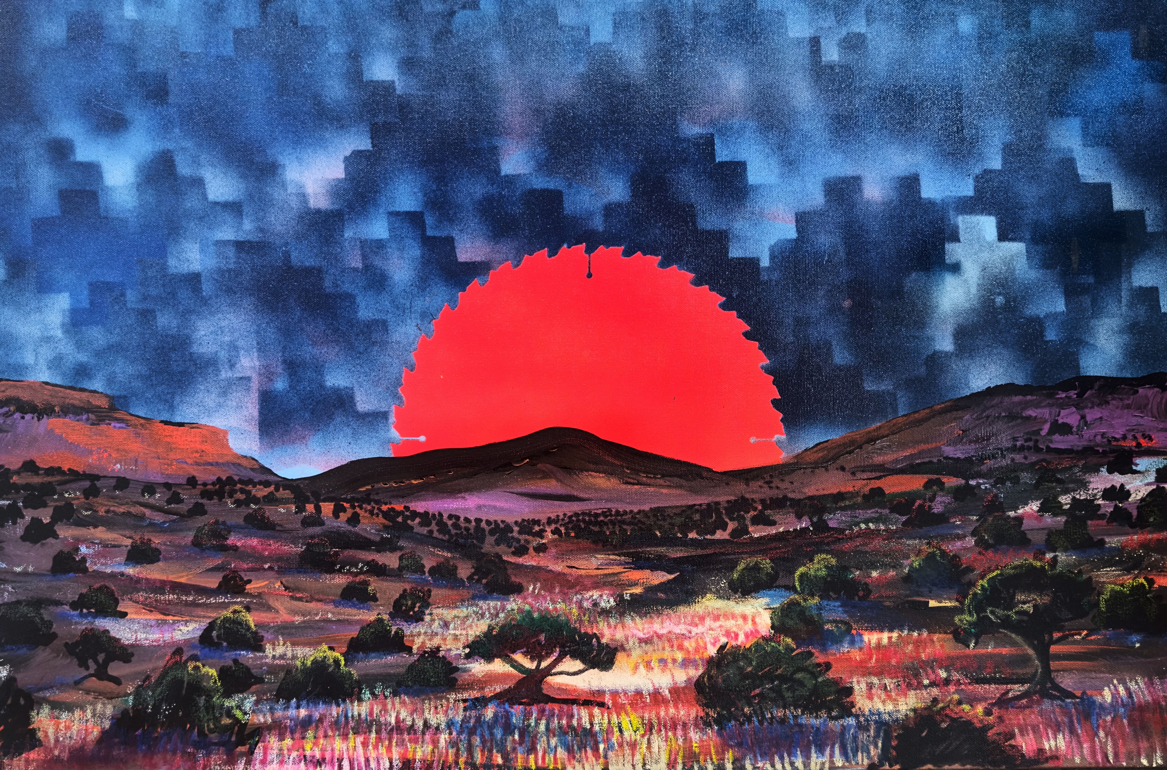 This image presents a surreal, futuristic landscape with a striking, large red sun low in the sky, resembling a saw blade due to its jagged, circular edge. The sky is a mix of dark blue and purple hues, with pixelated or block-like textures blending together, giving the clouds an unusual, otherworldly appearance. The ground is a desert-like terrain, dotted with sparse bushes and trees, illuminated by streaks of red, purple, and orange light that seem to glow. The contrasting colors of the sky, sun, and land create a dramatic and intense atmosphere, evoking a sense of mystery and tension in this dreamlike scene.