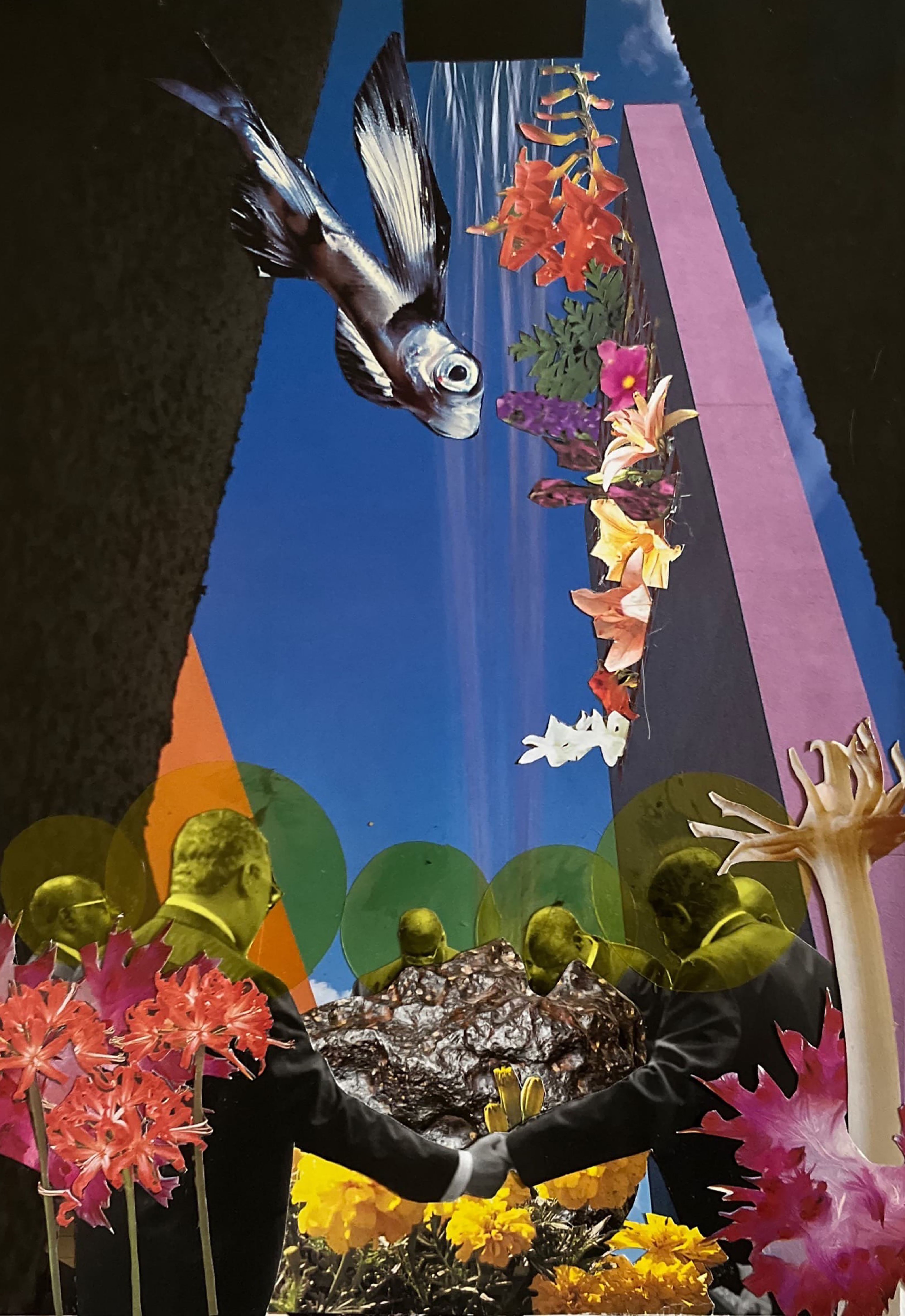  A surreal collage featuring a mix of elements in a vertical composition. At the top, a black-and-white fish swims against a blue background, with a cascade of colorful flowers, including orange, pink, and white blooms, extending downward from a dark structure. Below, four identical figures in suits, their faces tinted green and overlaid with circular shapes, appear to be shaking hands in the foreground. The ground around them is filled with bright orange and yellow flowers. On the right side, a large, fantastical mushroom or plant with a trumpet-shaped top rises from the bottom of the image. The overall composition blends nature, abstract forms, and human figures, creating a dreamlike, otherworldly scene.