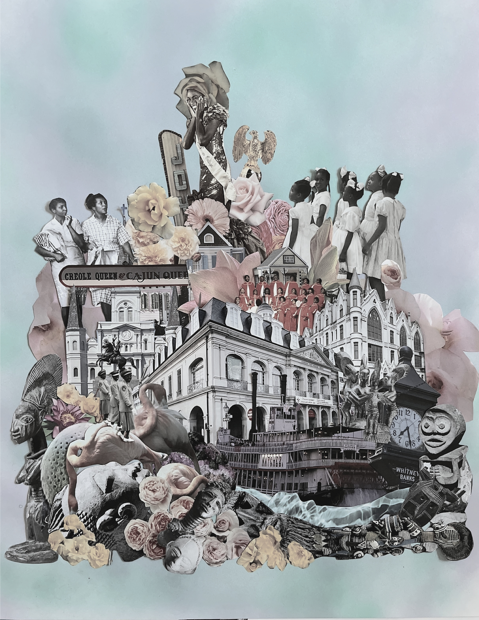 A vibrant collage featuring a mix of architectural, floral, and figurative elements on a soft blue and green gradient background. In the center, a grand, white building with French-inspired architecture is surrounded by a variety of other structures, including a steamboat and a clock tower labeled 'Whitney Banks.' Above the buildings, a group of children in white dresses stand in a line, facing a tall woman adorned with a large yellow rose as a headpiece. Other elements include sculptures, a brass eagle, various flowers such as roses and lilies, and a sign reading 'Creole Queen & Cajun Queen.' The lower section of the collage displays an array of objects, including African sculptures, flamingos, and clusters of roses, adding to the intricate and layered composition.