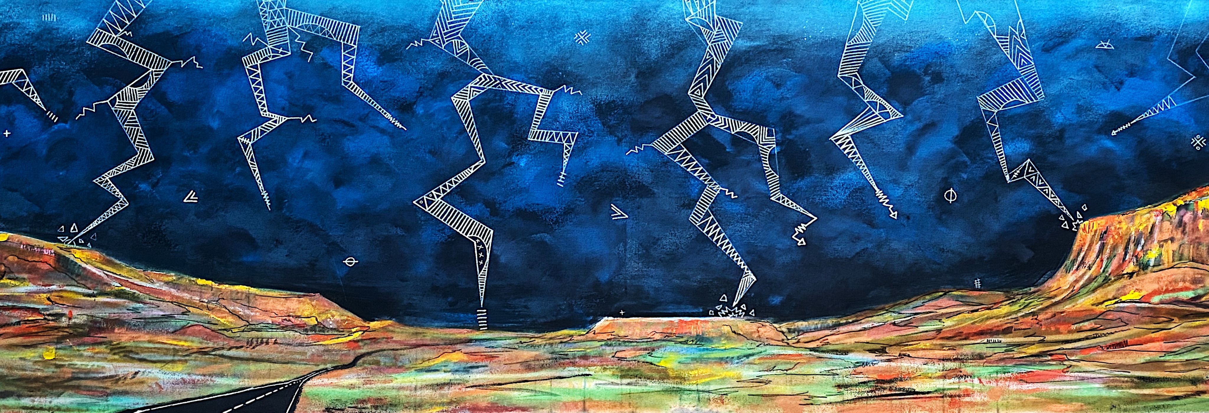 This image depicts a surreal landscape under a dark blue, stormy sky, with zigzagging lightning bolts that appear stylized with intricate, geometric patterns. The lightning bolts are white, angular, and sharply detailed, contrasting against the deep, swirling blue clouds above. The land below is an abstract desert landscape with multicolored, muted hues of orange, yellow, and green, blending together in irregular, flowing patterns. On the horizon, mesas and hills stand out against the dark sky, with a winding road leading into the distance, adding depth to the scene. The overall effect is both mystical and dynamic, merging natural and symbolic elements.